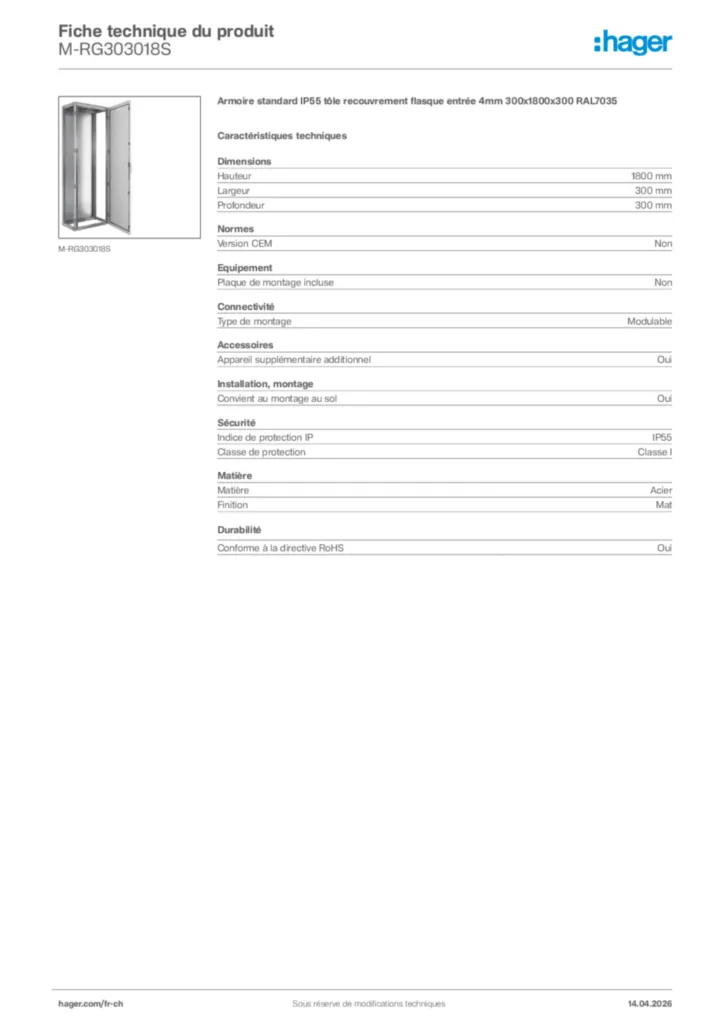 Image Hager Fiche technique du produit M-RG303018S | Hager Suisse