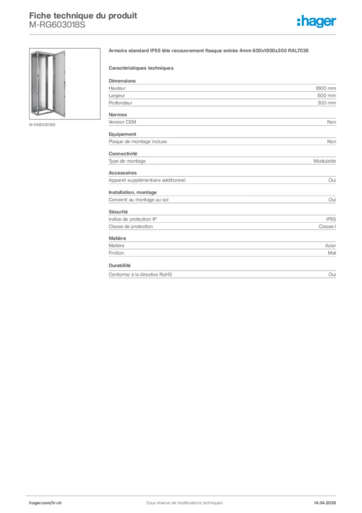 Image Hager Fiche technique du produit M-RG603018S | Hager Suisse