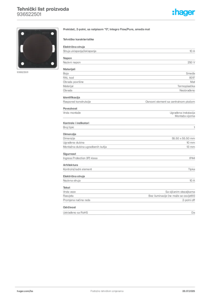 Slika Hager Product data sheet 936522501  | Hager