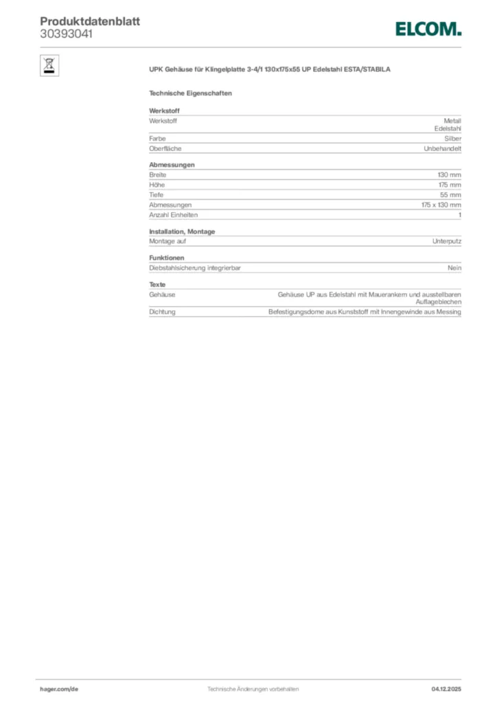 Bild Elcom Produktdatenblatt 30393041 | Hager Deutschland