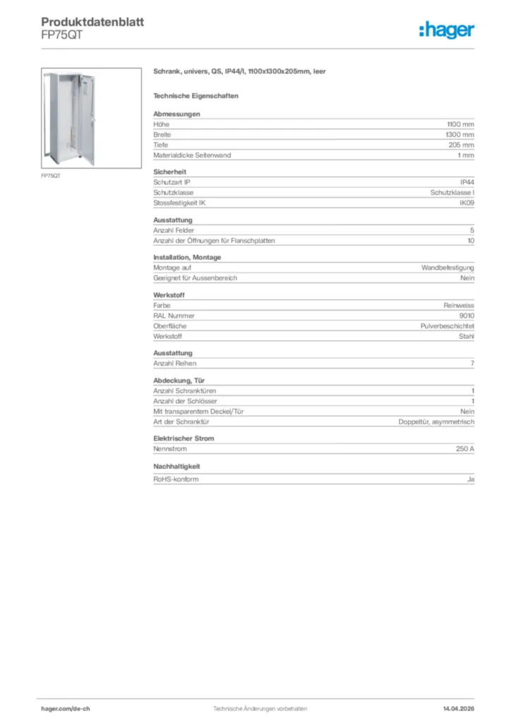 Bild Hager Produktdatenblatt FP75QT | Hager Schweiz