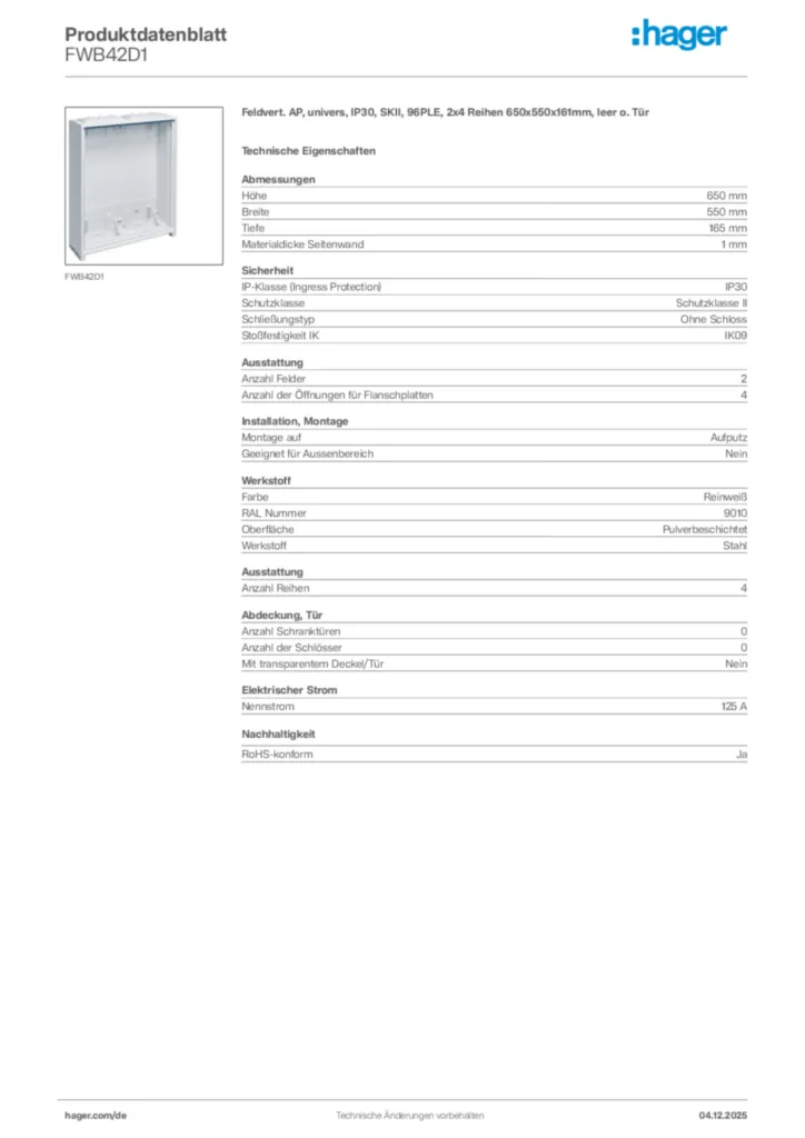 Bild Hager Produktdatenblatt FWB42D1 | Hager Deutschland