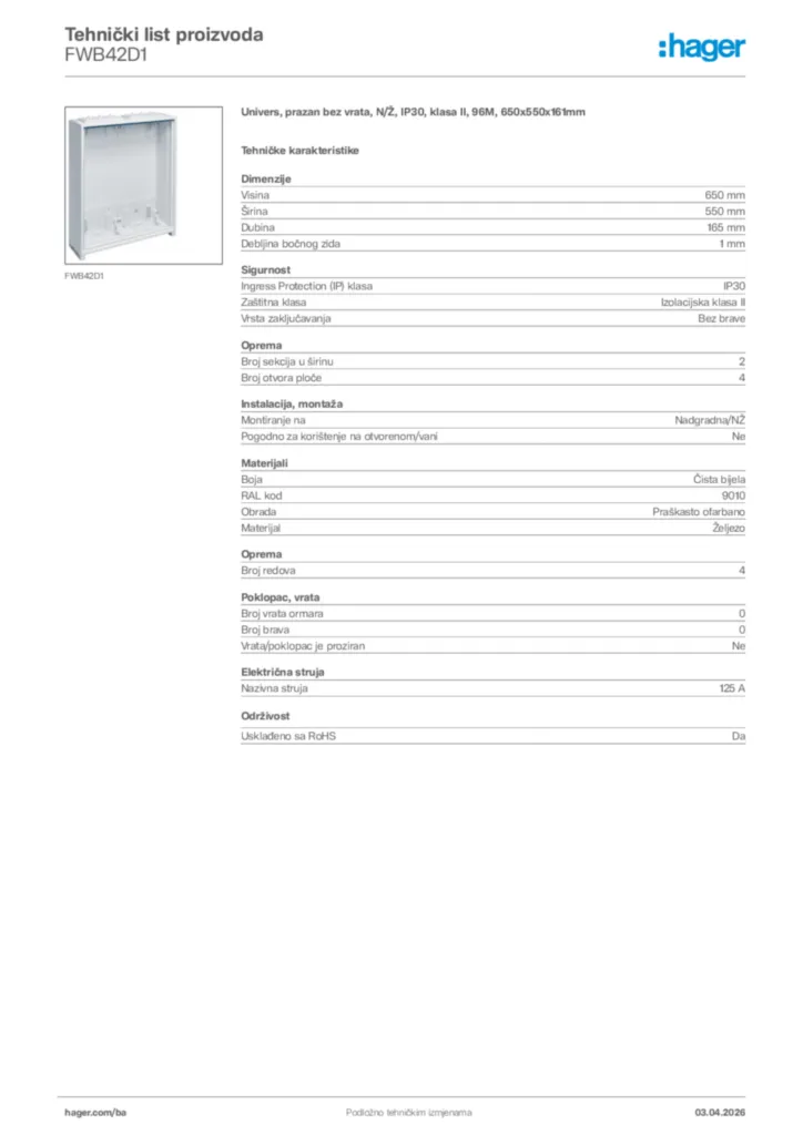 Slika Hager Tehnički list proizvoda FWB42D1  | Hager