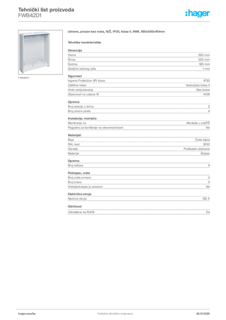Slika Hager Product data sheet FWB42D1  | Hager