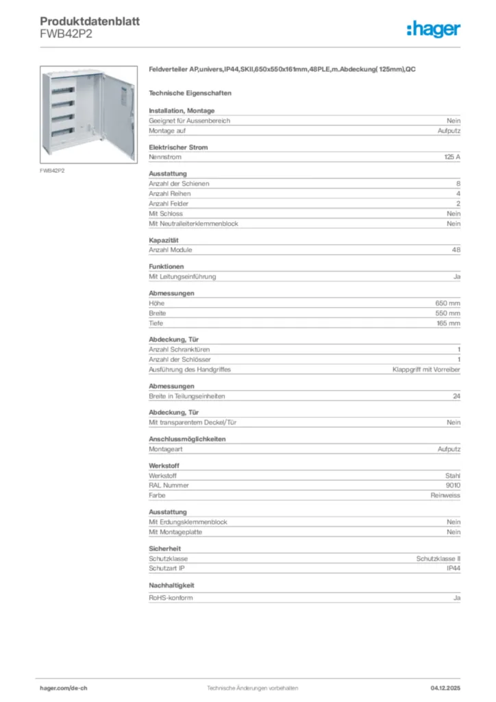 Bild Hager Produktdatenblatt FWB42P2 | Hager Schweiz