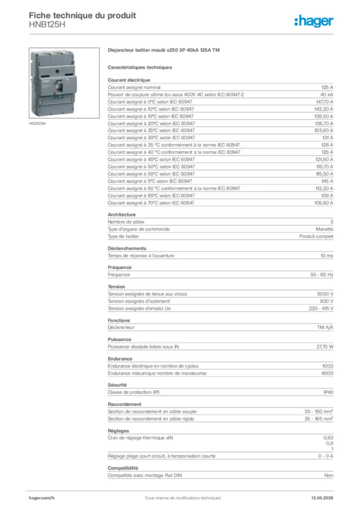 Image Hager Fiche technique du produit HNB125H | Hager France