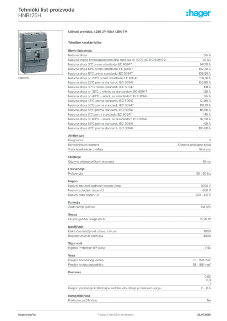 Slika Hager Product data sheet HNB125H  | Hager
