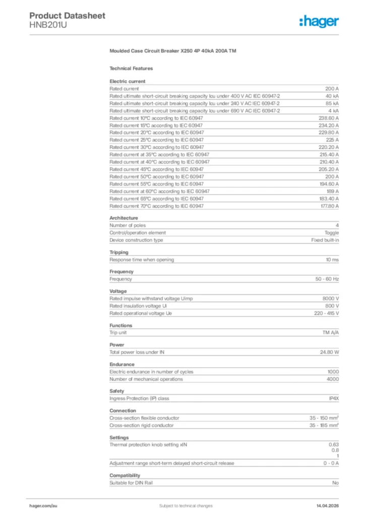 Image Hager Product data sheet HNB201U  | Hager Australia