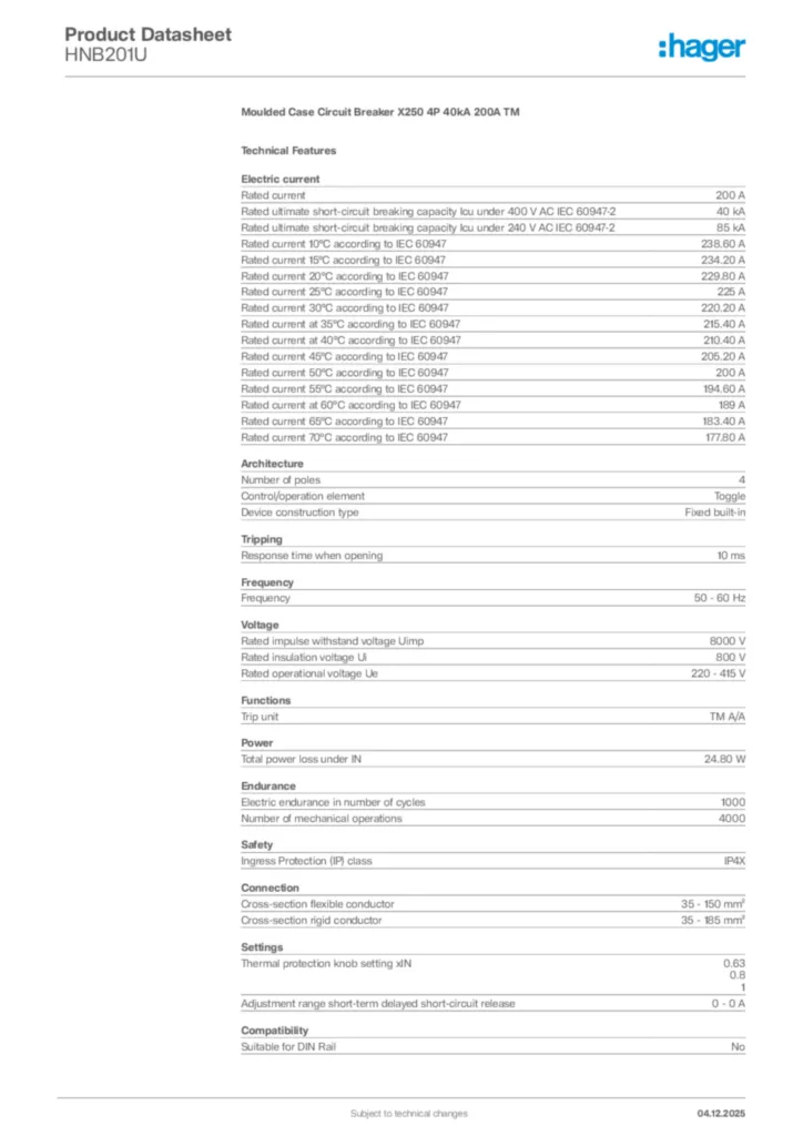 Image Hager Product data sheet HNB201U  | Hager