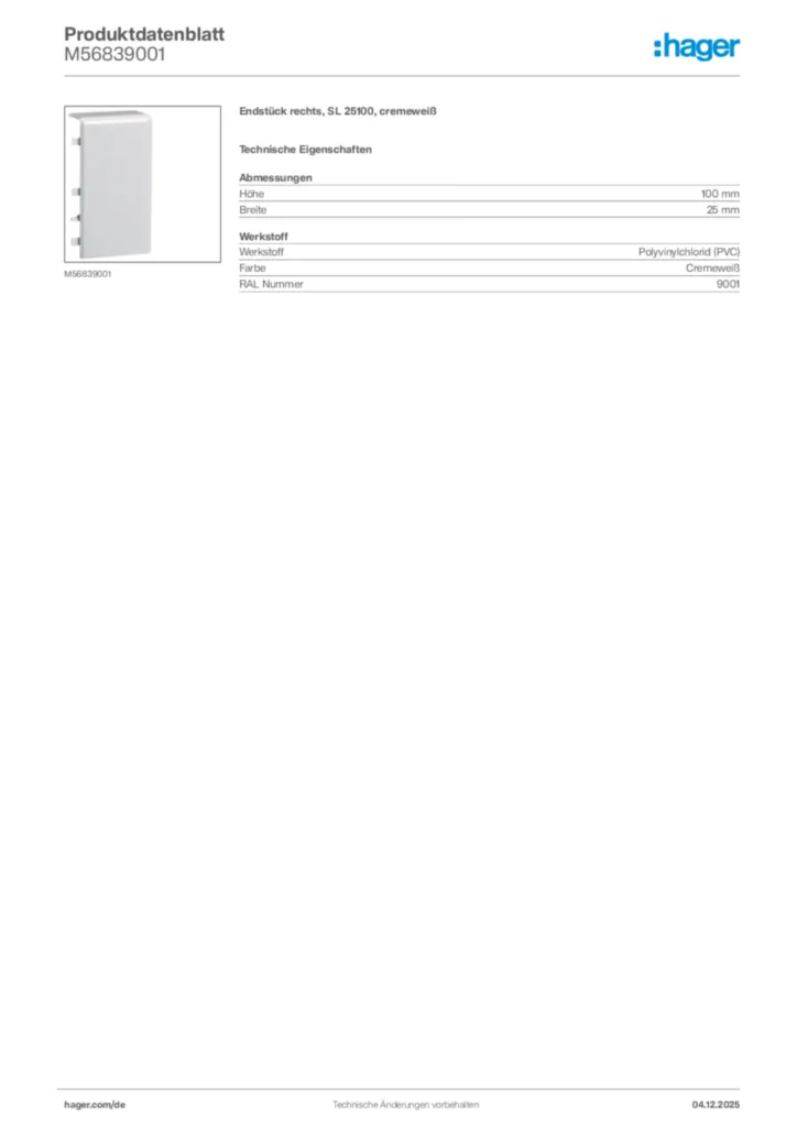 Bild Hager Produktdatenblatt M56839001 | Hager Deutschland