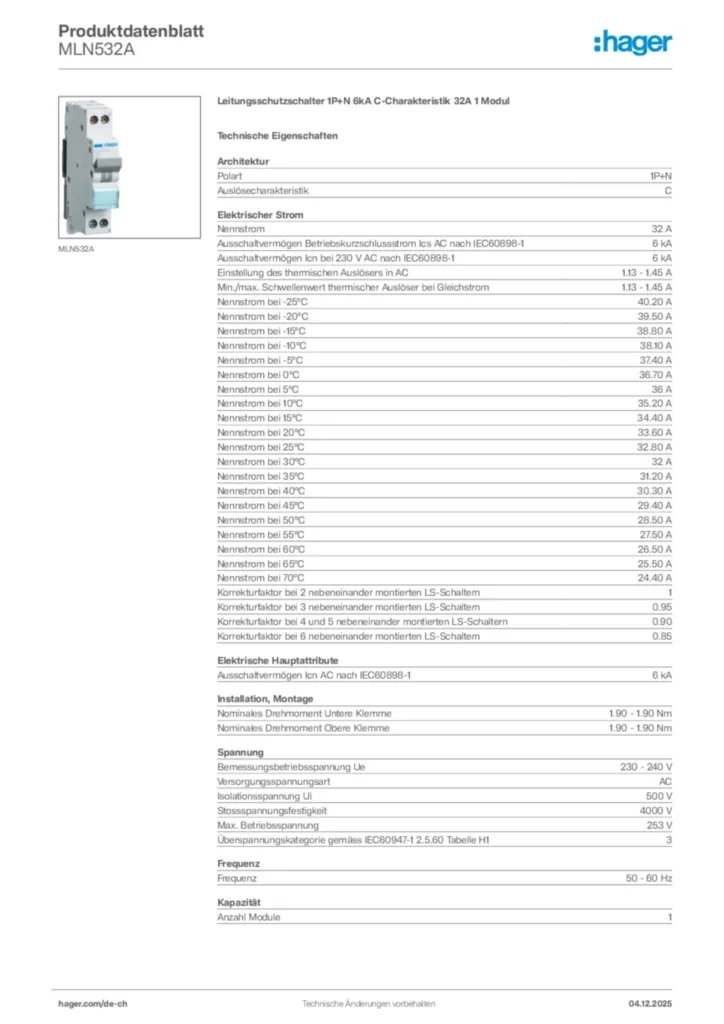 Bild Hager Produktdatenblatt MLN532A | Hager Schweiz