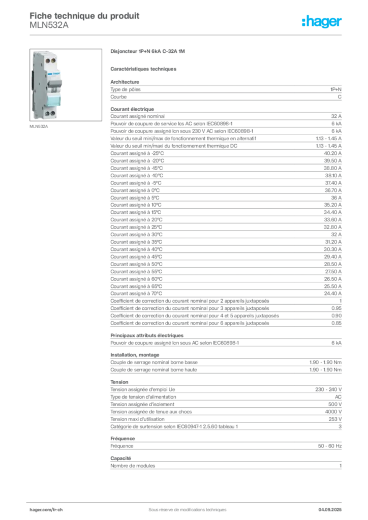 Image Hager Fiche technique du produit MLN532A | Hager Suisse