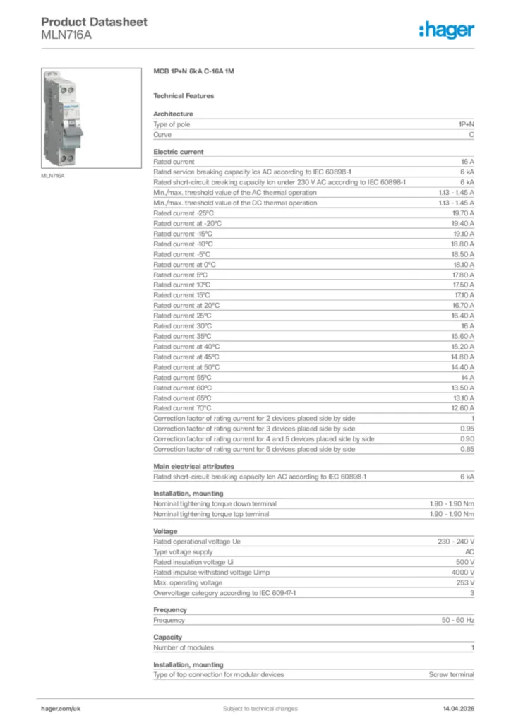 Image Hager Product data sheet MLN716A  | Hager
