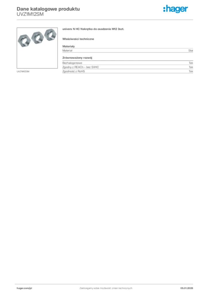 Zdjęcie Hager Karta katalogowa UVZ1M12SM | Hager Polska