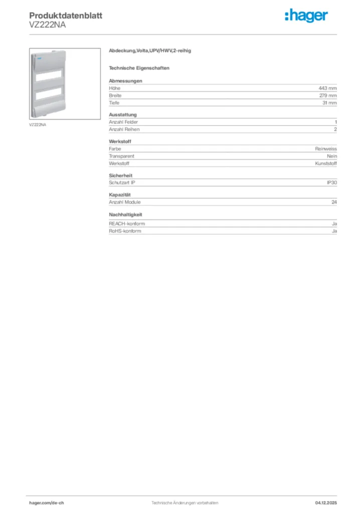 Bild Hager Produktdatenblatt VZ222NA | Hager Schweiz