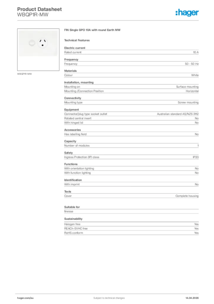 Image Hager Product data sheet WBQP1R-MW  | Hager Australia