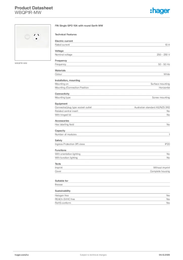 Image Hager Product data sheet WBQP1R-MW  | Hager New Zealand