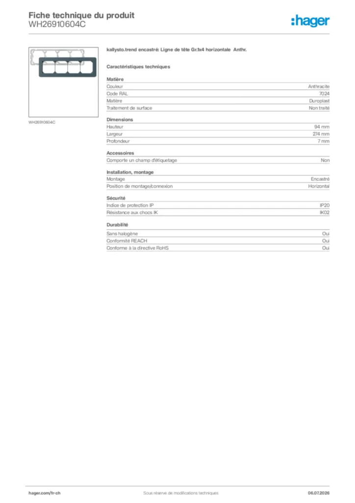 Image Hager Fiche technique du produit WH26910604C | Hager Suisse