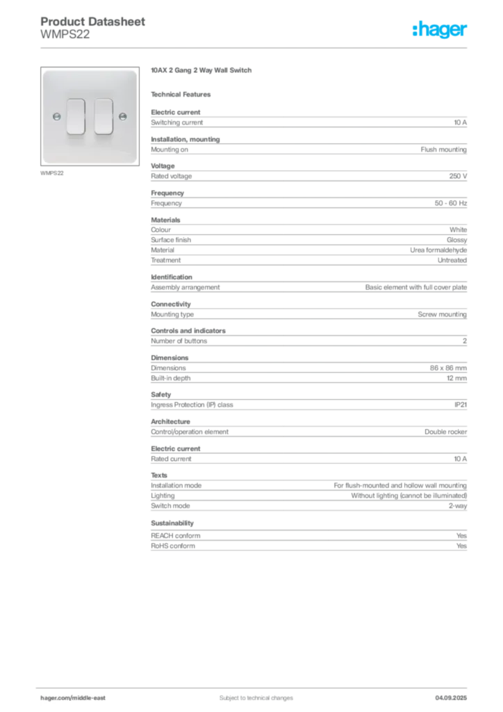 Image Hager Product data sheet WMPS22  | Hager