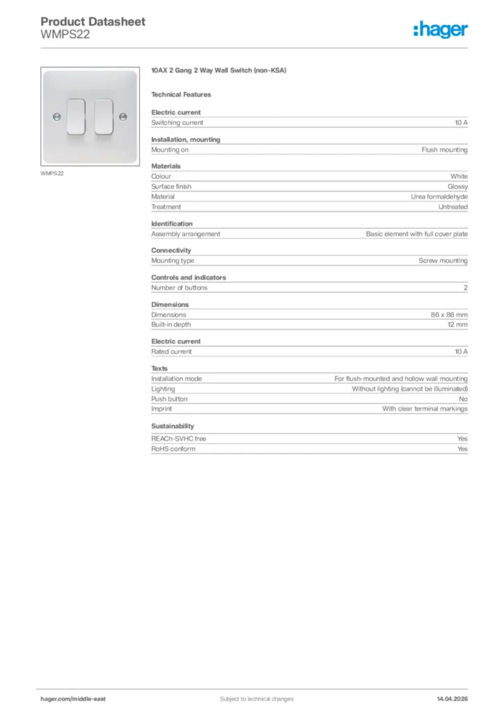 Image Hager Product data sheet WMPS22  | Hager