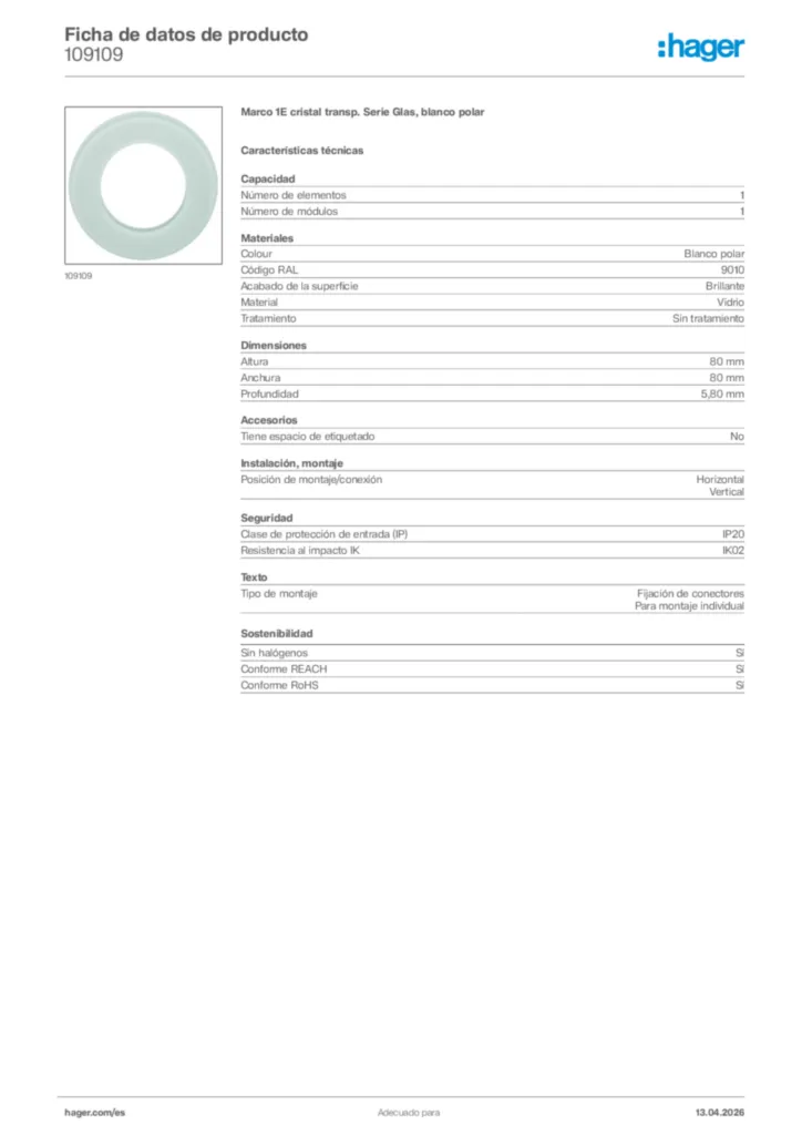 Imagen Hager Ficha de datos de producto 109109 | Hager España