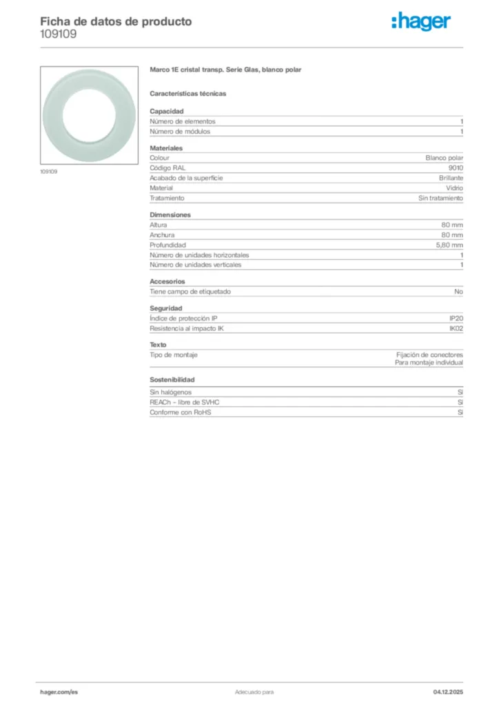 Imagen Hager Ficha de datos de producto 109109 | Hager España