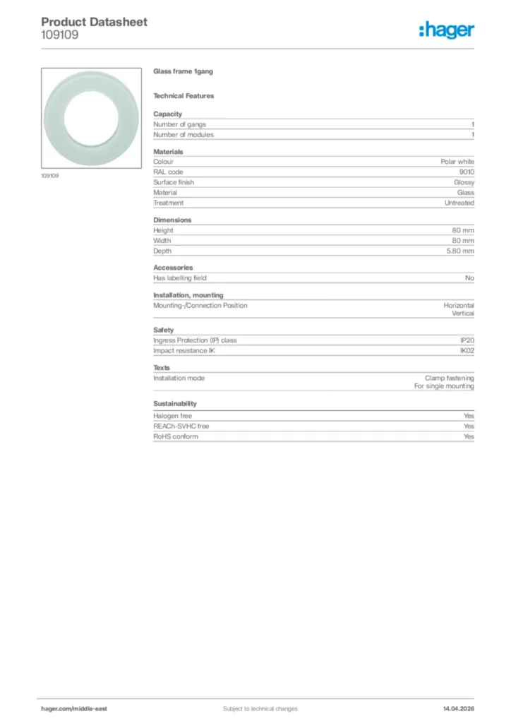 Image Hager Product data sheet 109109  | Hager