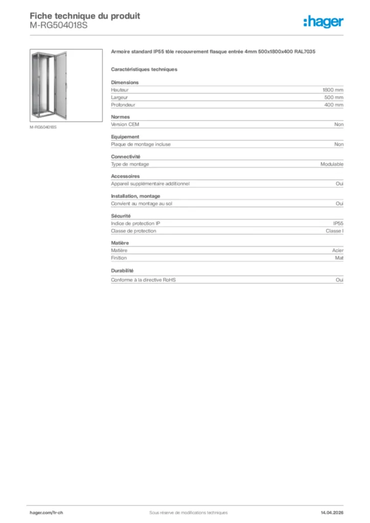 Image Hager Fiche technique du produit M-RG504018S | Hager Suisse