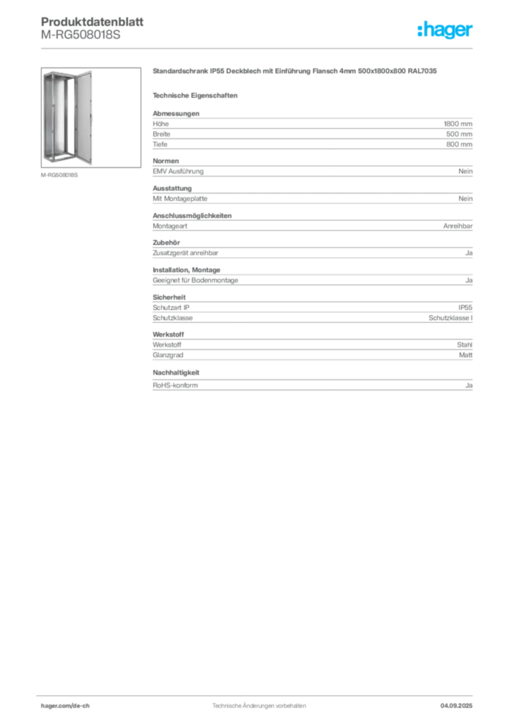 Bild Hager Produktdatenblatt M-RG508018S | Hager Schweiz