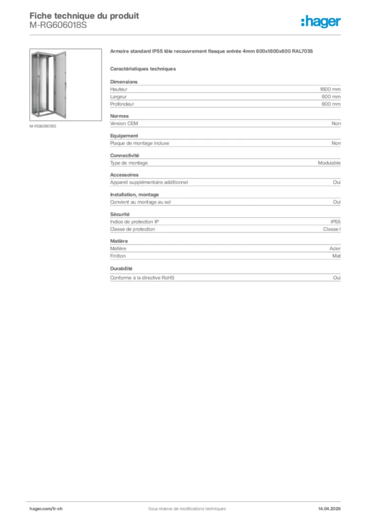Image Hager Fiche technique du produit M-RG606018S | Hager Suisse