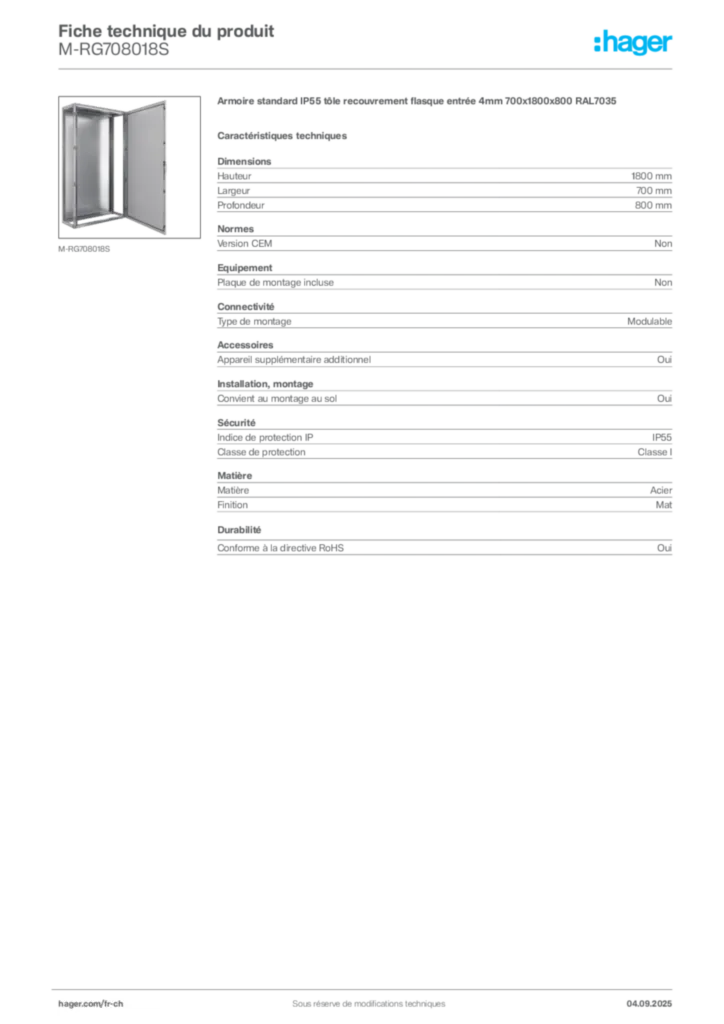 Image Hager Fiche technique du produit M-RG708018S | Hager Suisse