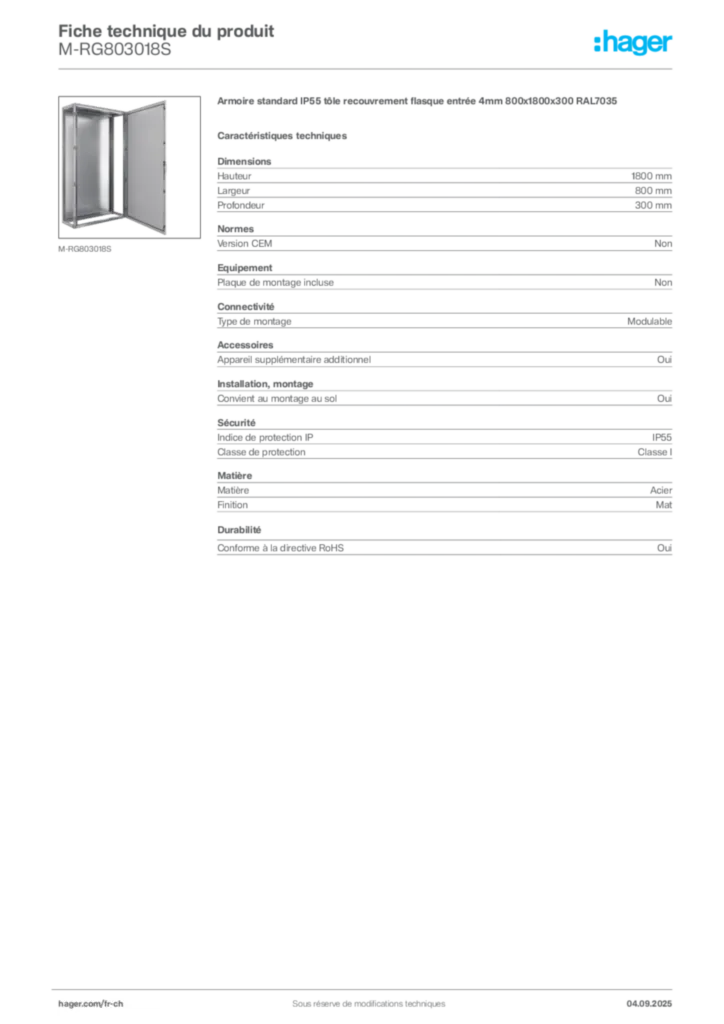 Image Hager Fiche technique du produit M-RG803018S | Hager Suisse