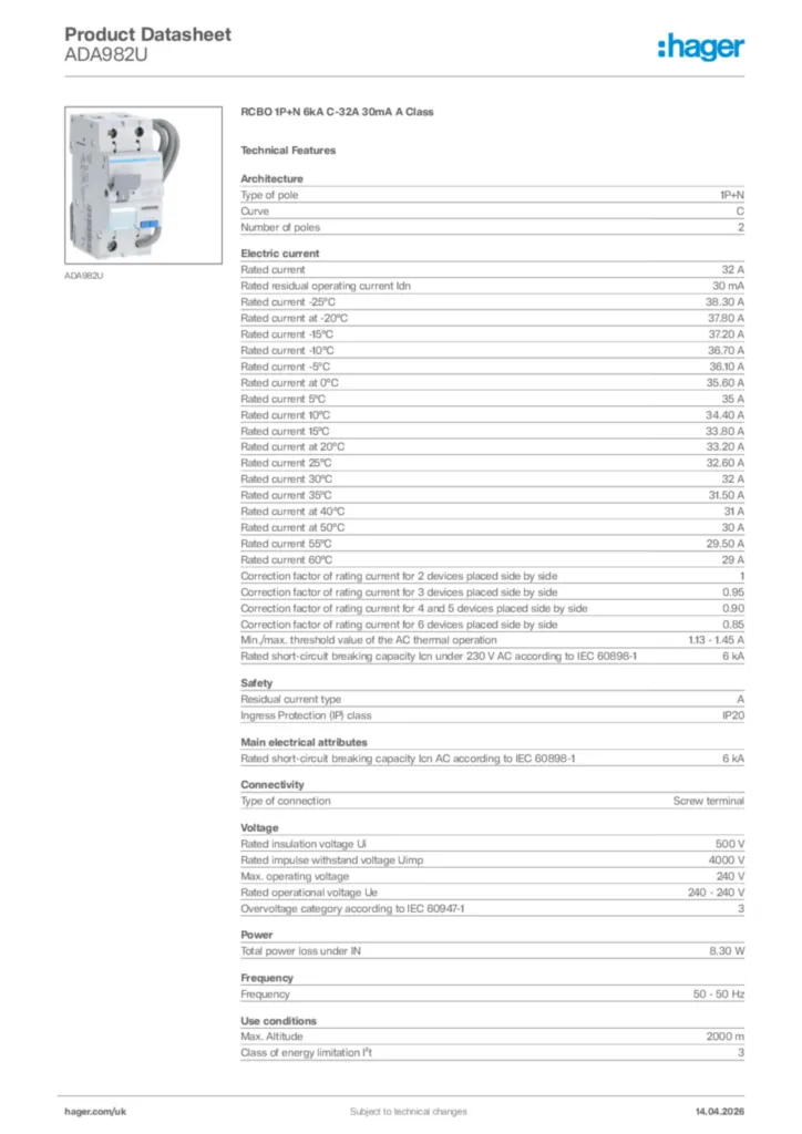 Image Hager Product data sheet ADA982U  | Hager