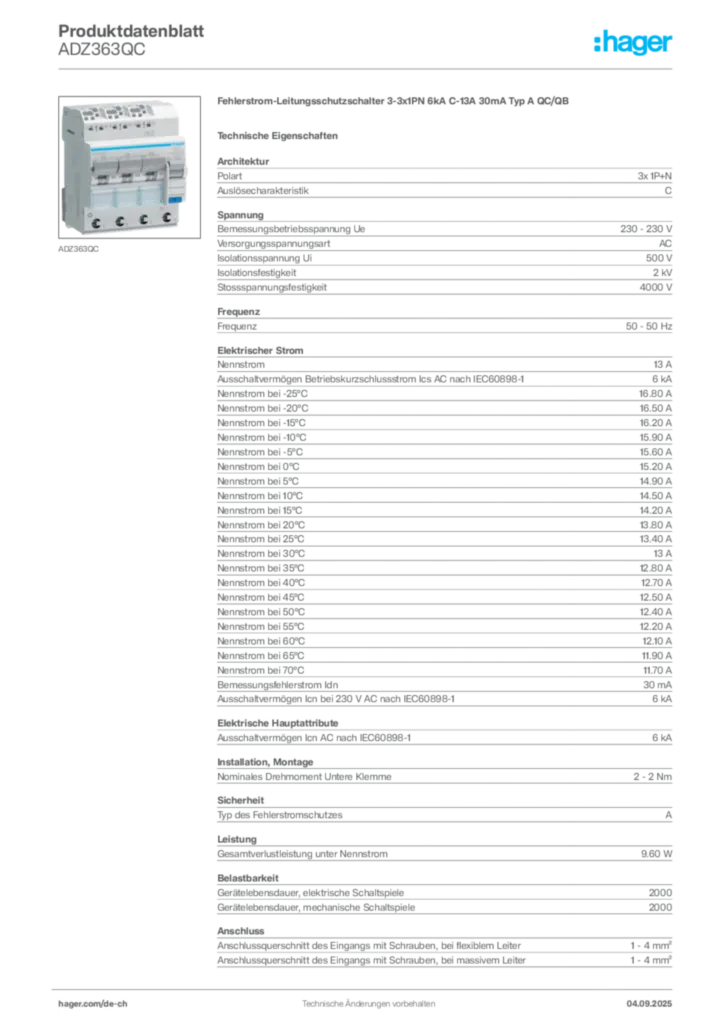 Bild Hager Produktdatenblatt ADZ363QC | Hager Schweiz