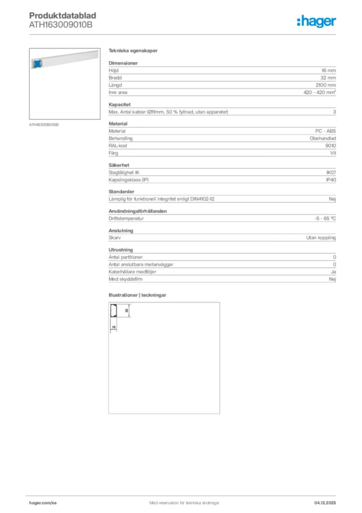Bild Hager Produktdatablad ATH163009010B | Hager Sverige