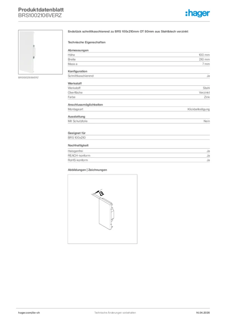 Bild Hager Produktdatenblatt BRS1002106VERZ | Hager Schweiz