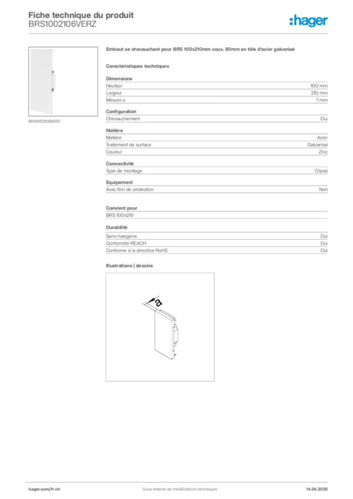 Image Hager Fiche technique du produit BRS1002106VERZ | Hager Suisse