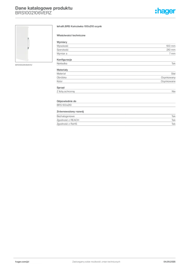 Zdjęcie Hager Dane katalogowe produktu BRS1002106VERZ | Hager Polska