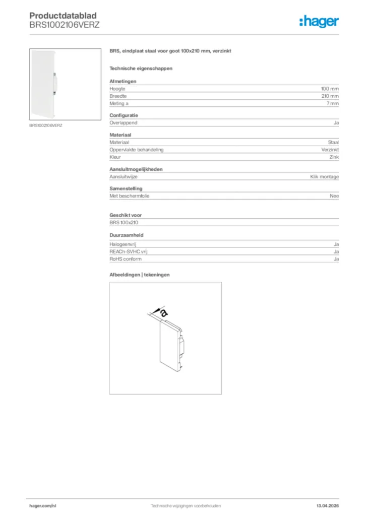 Afbeelding Hager Productdatablad BRS1002106VERZ | Hager Nederland