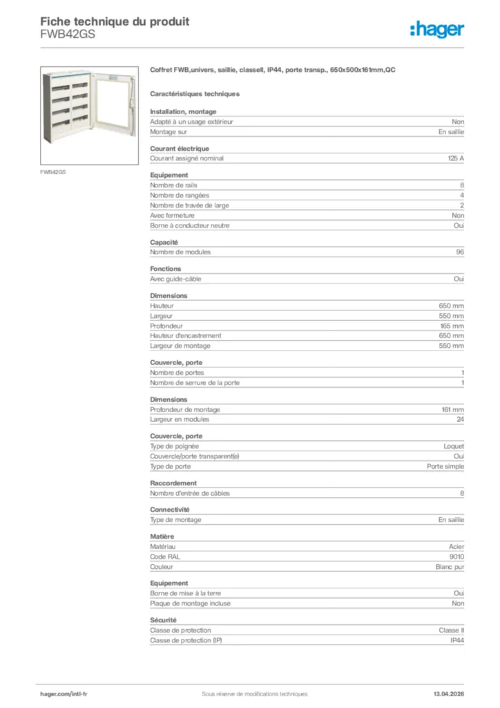 Image Hager Fiche technique du produit FWB42GS | Hager Afrique