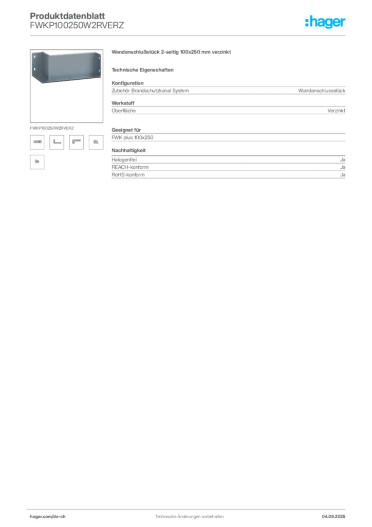 Bild Hager Produktdatenblatt FWKP100250W2RVERZ | Hager Schweiz