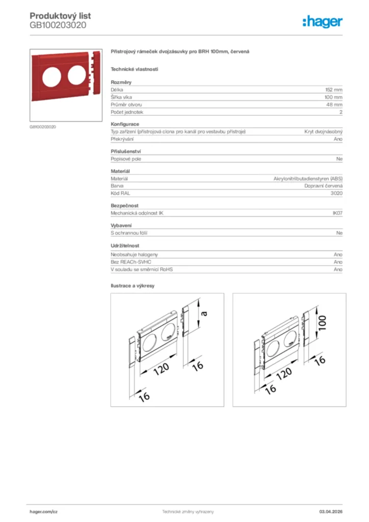 Obrázek Hager Product data sheet GB100203020 | Hager