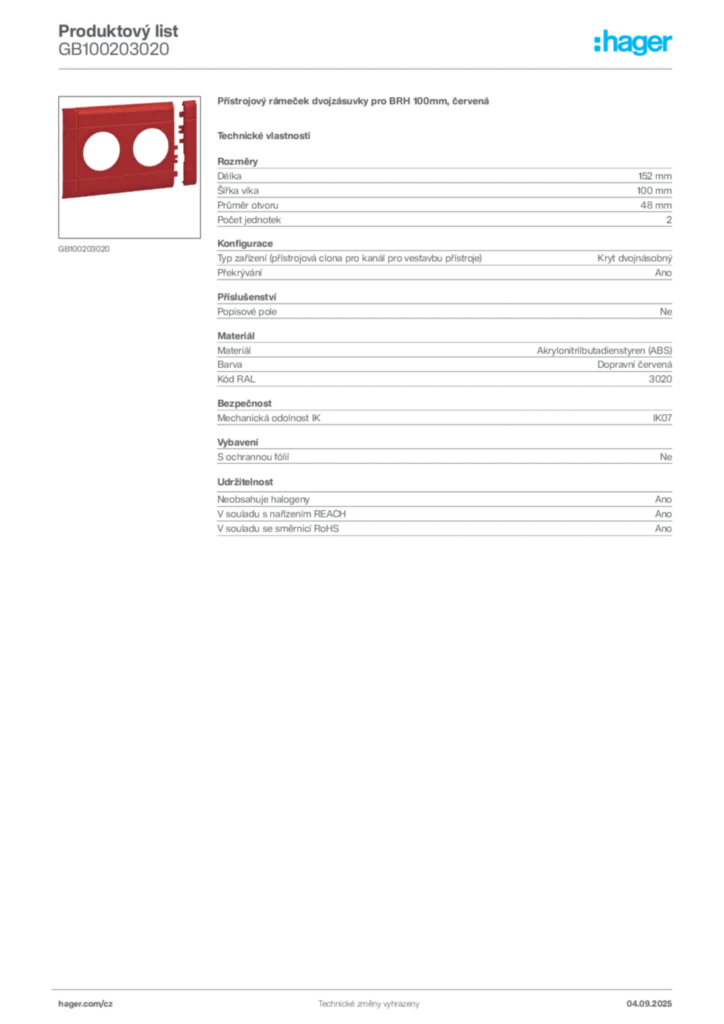 Obrázek Hager Produktový list GB100203020 | Hager