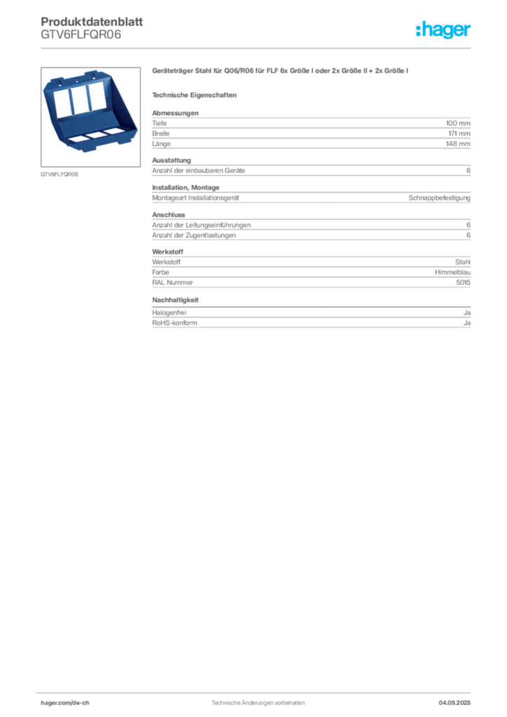 Bild Hager Produktdatenblatt GTV6FLFQR06 | Hager Schweiz