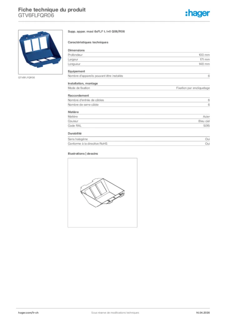 Image Hager Fiche technique du produit GTV6FLFQR06 | Hager Suisse