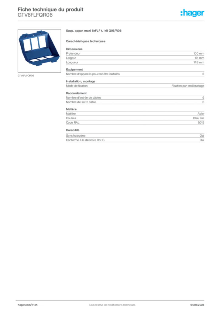Image Hager Fiche technique du produit GTV6FLFQR06 | Hager Suisse