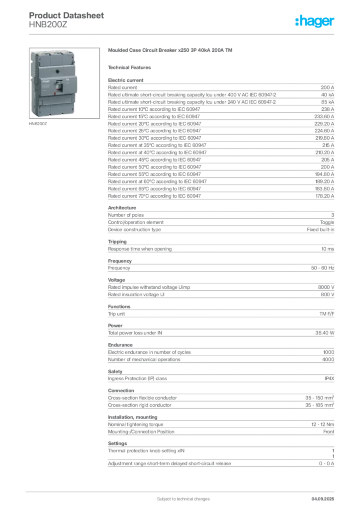 Image Hager Product data sheet HNB200Z  | Hager