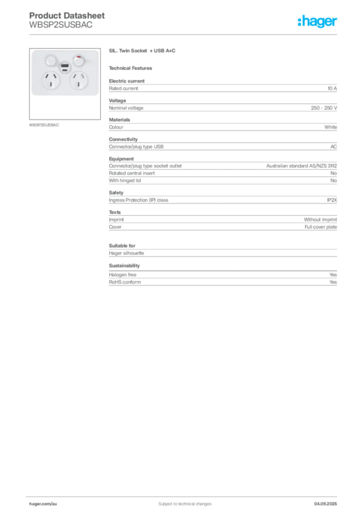 Image Hager Product data sheet WBSP2SUSBAC  | Hager Australia