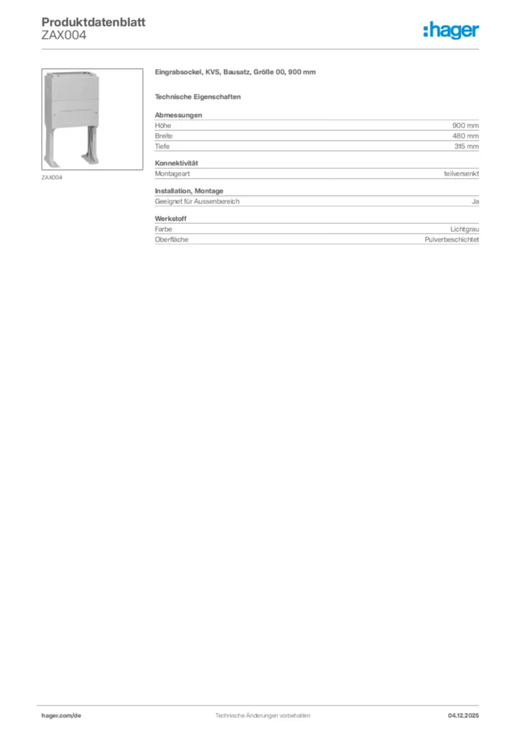 Bild Hager Produktdatenblatt ZAX004 | Hager Deutschland
