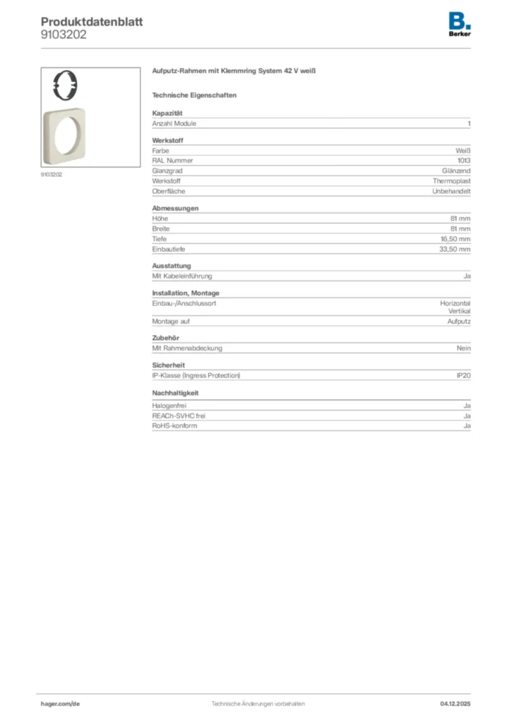 Bild Berker Produktdatenblatt 9103202 | Hager Deutschland